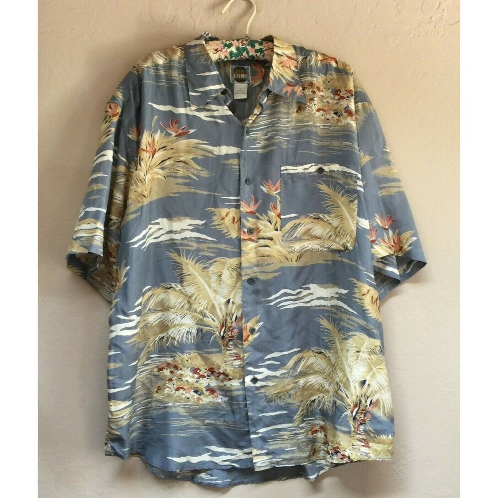 Silk Uomo Mens Large Palm Tree Casual Button Up Hawaiian Shirt Short Sleeve Blue